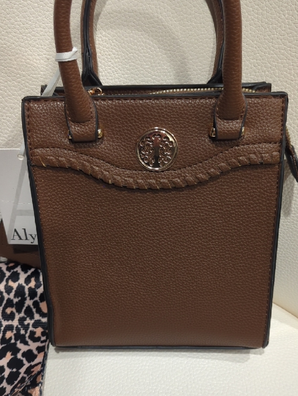 Alyssa Brown Vegan Leather Crossbody Tote with Leopard-Print Strap - Picture 2 of 6